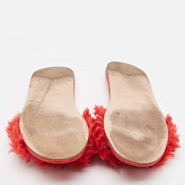 Pre Owned Prada Red Fur and Leather Crystal Embellished Flat Slides Size 41