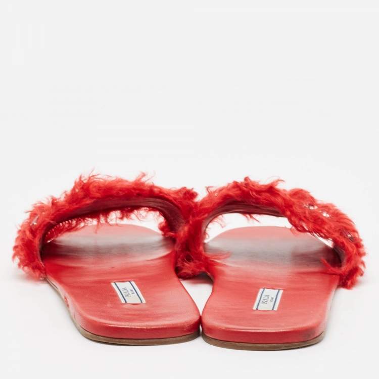 Pre Owned Prada Red Fur and Leather Crystal Embellished Flat Slides Size 41