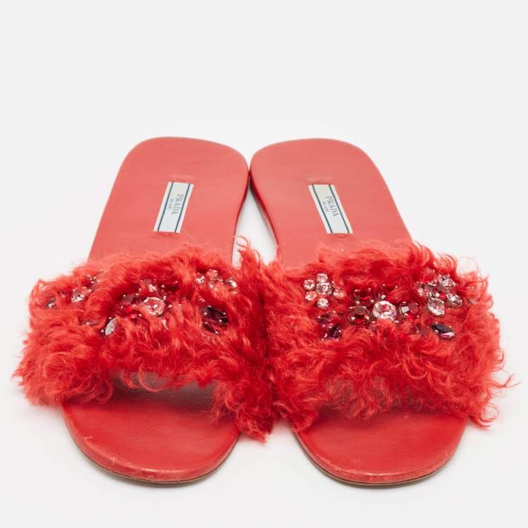 Pre Owned Prada Red Fur and Leather Crystal Embellished Flat Slides Size 41