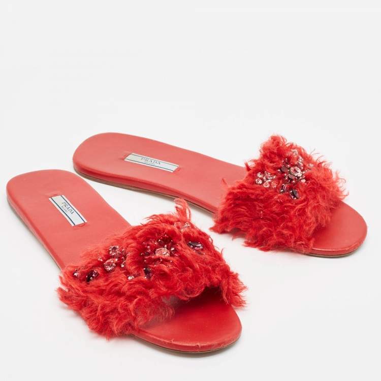 Pre Owned Prada Red Fur and Leather Crystal Embellished Flat Slides Size 41