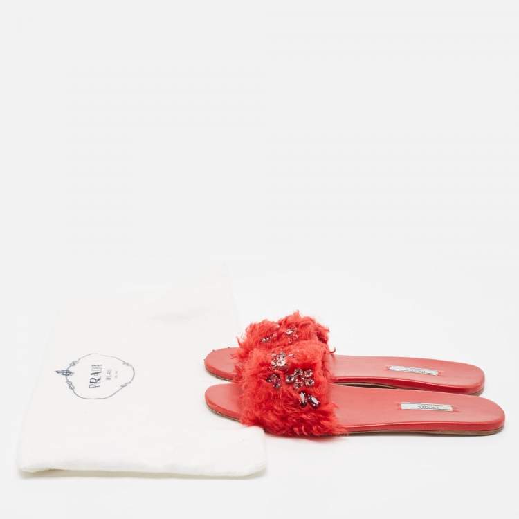 Pre Owned Prada Red Fur and Leather Crystal Embellished Flat Slides Size 41
