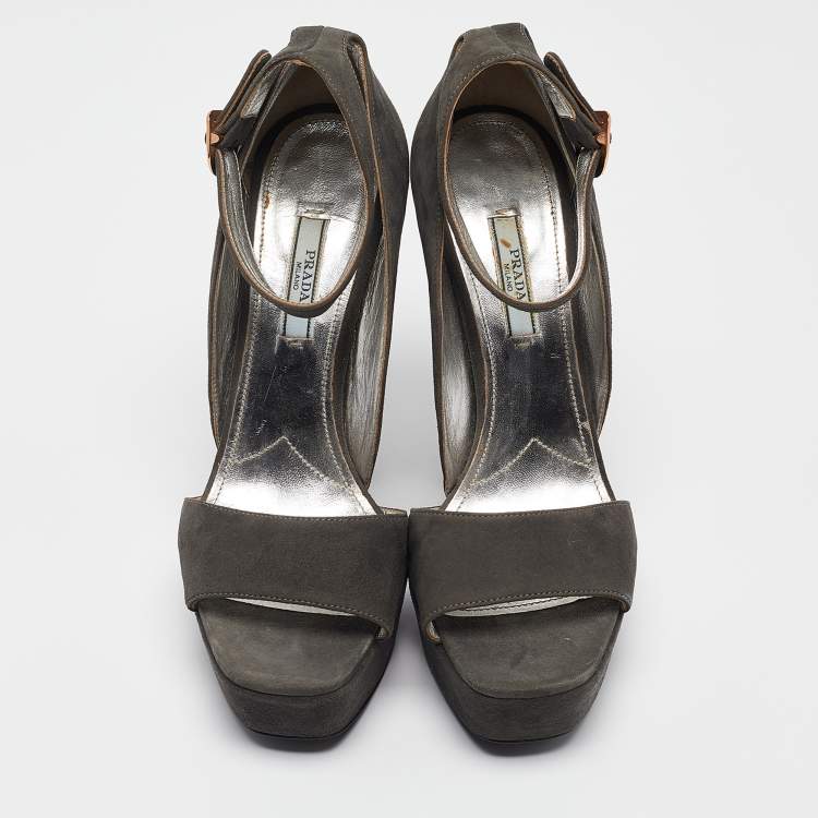 Pre Owned Prada Grey Suede Platform Ankle Strap Sandals Size 39