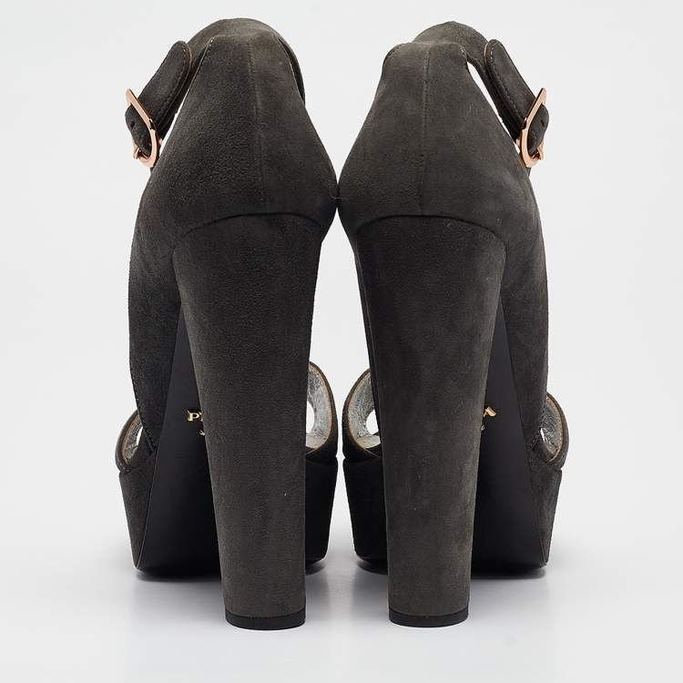 Pre Owned Prada Grey Suede Platform Ankle Strap Sandals Size 39