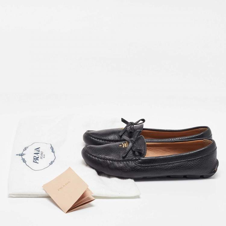 Pre Owned Prada Black Leather Bow Loafers Size 37.5