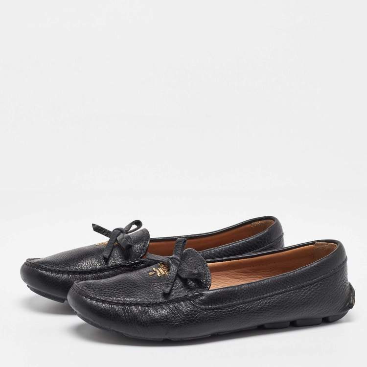 Pre Owned Prada Black Leather Bow Loafers Size 37.5
