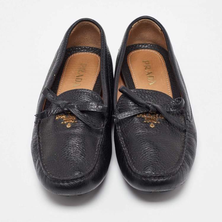 Pre Owned Prada Black Leather Bow Loafers Size 37.5