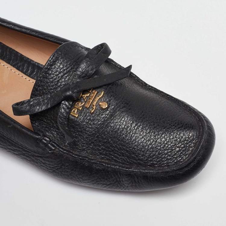 Pre Owned Prada Black Leather Bow Loafers Size 37.5