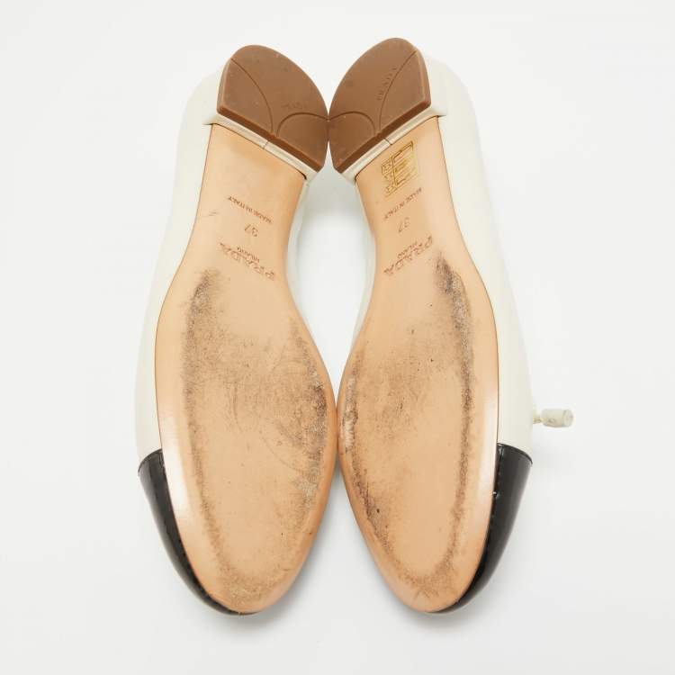 Pre Owned Prada Cream/Black Leather Cap Toe Ballet Flats Size 37
