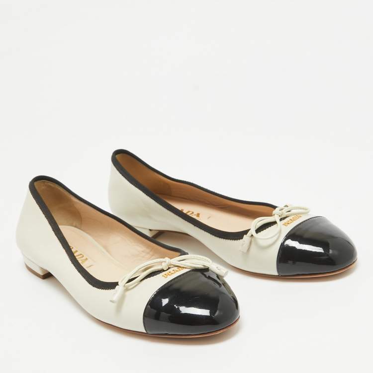 Pre Owned Prada Cream/Black Leather Cap Toe Ballet Flats Size 37