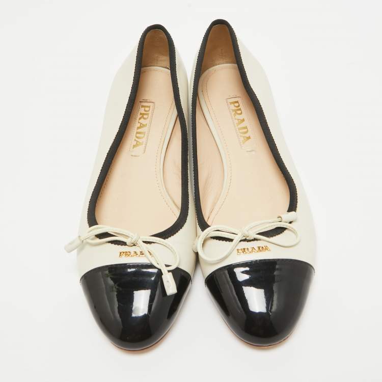 Pre Owned Prada Cream/Black Leather Cap Toe Ballet Flats Size 37