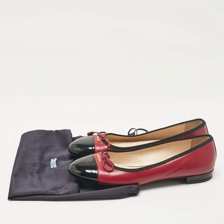 Pre Owned Prada Pink/Black Patent and Leather Bow Ballet Flats Size 37