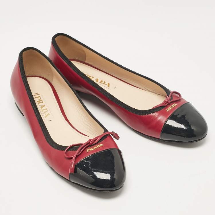 Pre Owned Prada Pink/Black Patent and Leather Bow Ballet Flats Size 37