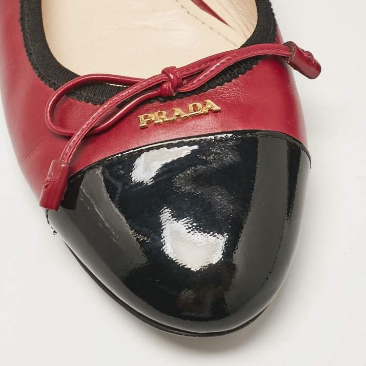 Pre Owned Prada Pink/Black Patent and Leather Bow Ballet Flats Size 37
