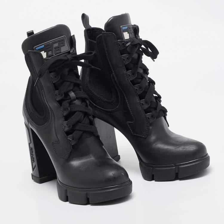 Pre Owned Prada Black Leather Ankle Length Boots Size 39.5