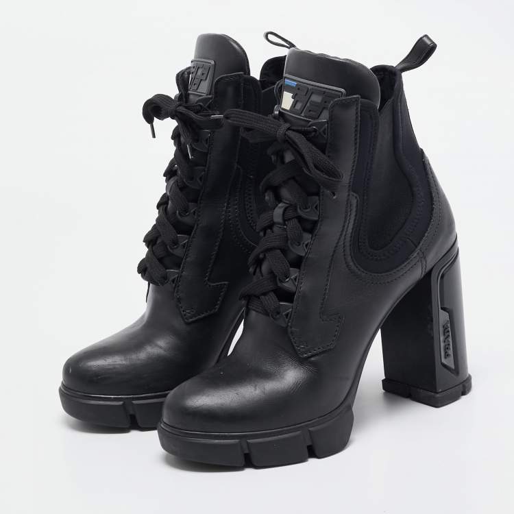 Pre Owned Prada Black Leather Ankle Length Boots Size 39.5