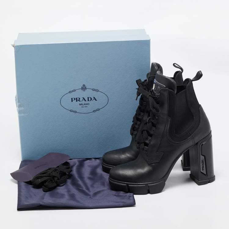 Pre Owned Prada Black Leather Ankle Length Boots Size 39.5