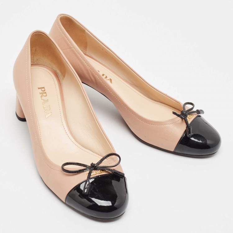 Pre Owned Prada Pink/Black Leather and Patent Bow Pumps Size 36.5