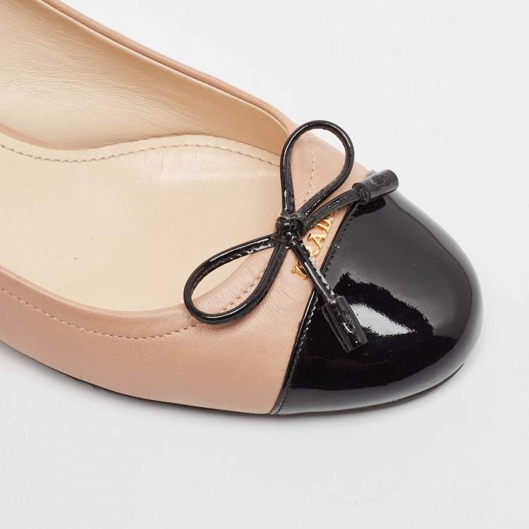Pre Owned Prada Pink/Black Leather and Patent Bow Pumps Size 36.5
