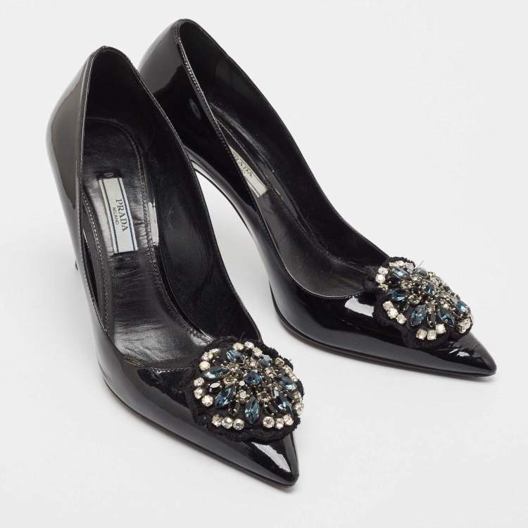 Pre Owned Prada Black Patent Leather Crystal Embellished Pointed Toe Pumps Size 38