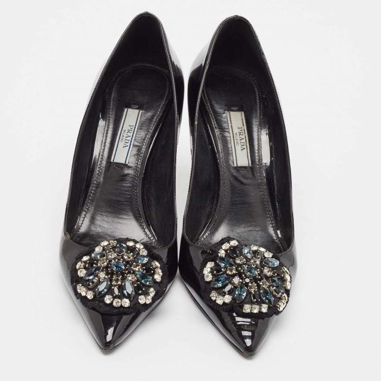 Pre Owned Prada Black Patent Leather Crystal Embellished Pointed Toe Pumps Size 38