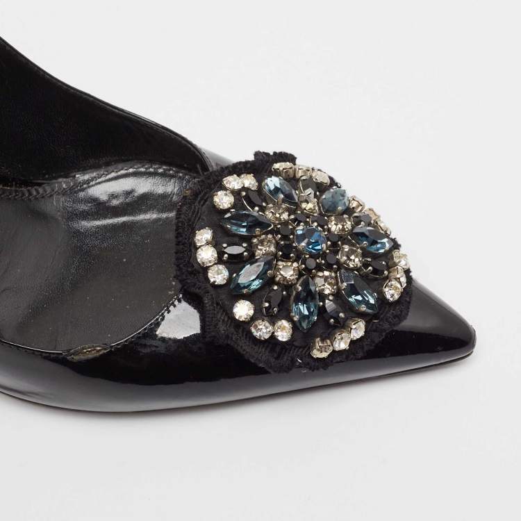 Pre Owned Prada Black Patent Leather Crystal Embellished Pointed Toe Pumps Size 38