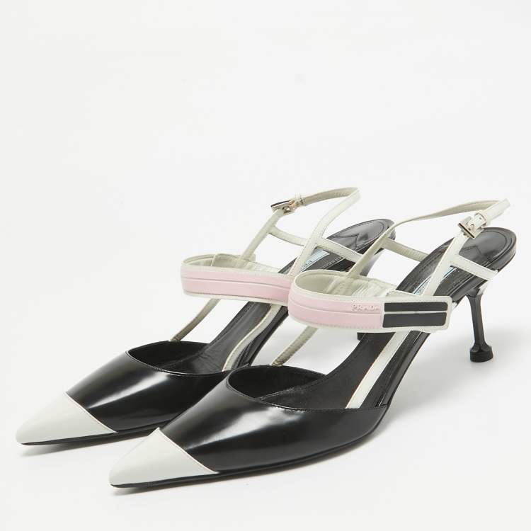 Pre Owned Prada Black/White Leather and Rubber Slingback Pumps Size 40.5