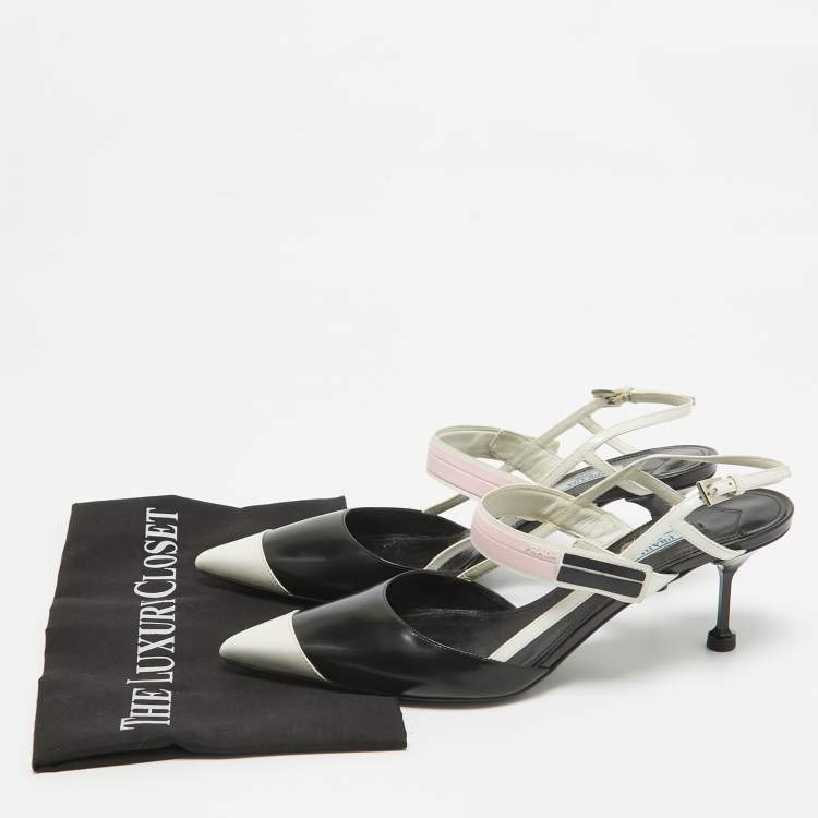 Pre Owned Prada Black/White Leather and Rubber Slingback Pumps Size 40.5