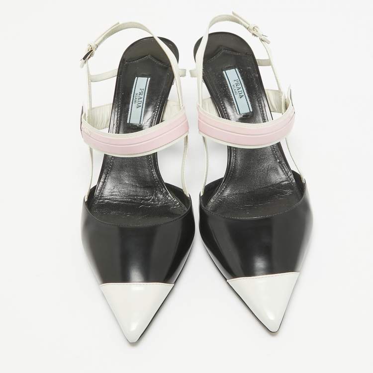 Pre Owned Prada Black/White Leather and Rubber Slingback Pumps Size 40.5