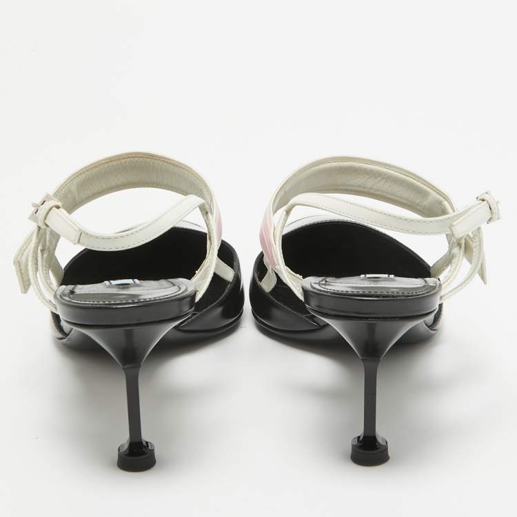 Pre Owned Prada Black/White Leather and Rubber Slingback Pumps Size 40.5
