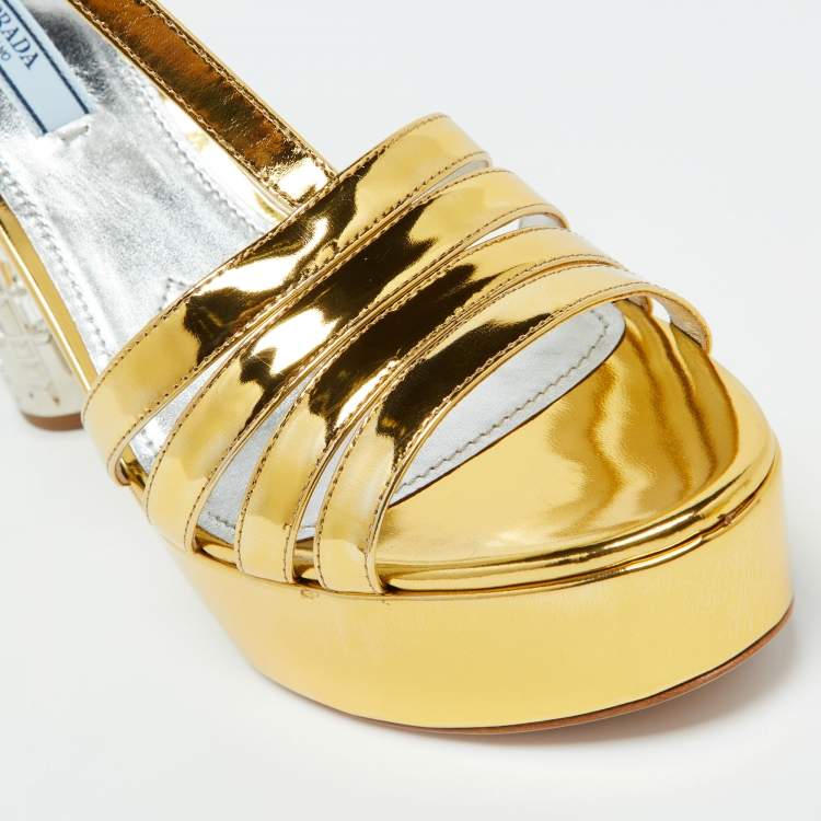 Pre Owned Prada Gold Laminated Leather Platform Block Heel Sandals Size 40