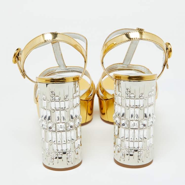 Pre Owned Prada Gold Laminated Leather Platform Block Heel Sandals Size 40