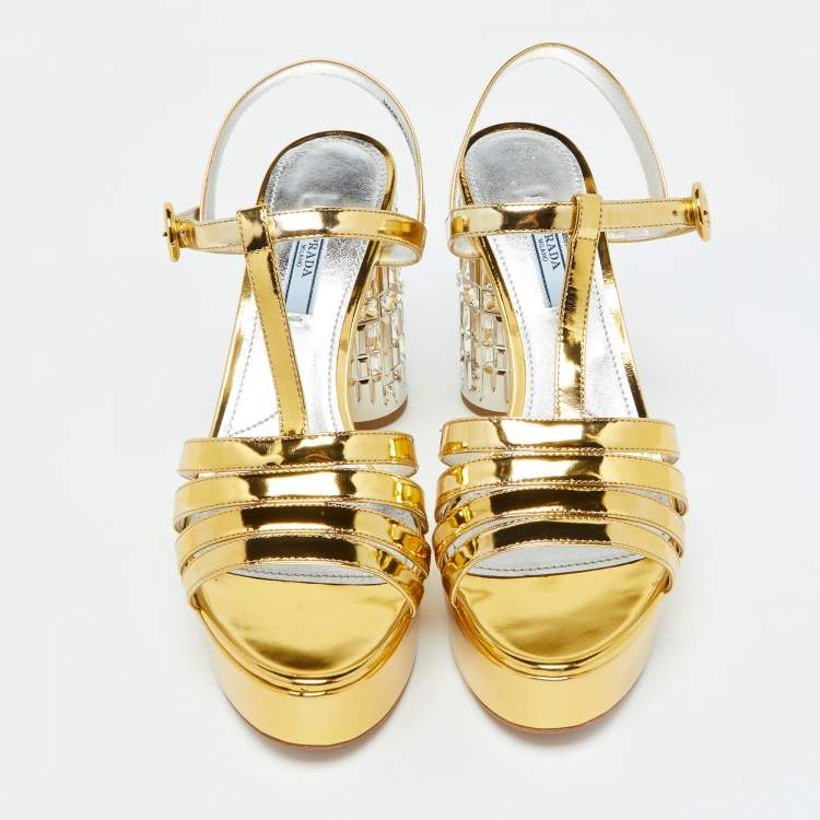 Pre Owned Prada Gold Laminated Leather Platform Block Heel Sandals Size 40