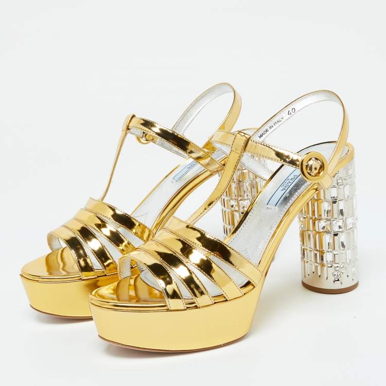Pre Owned Prada Gold Laminated Leather Platform Block Heel Sandals Size 40