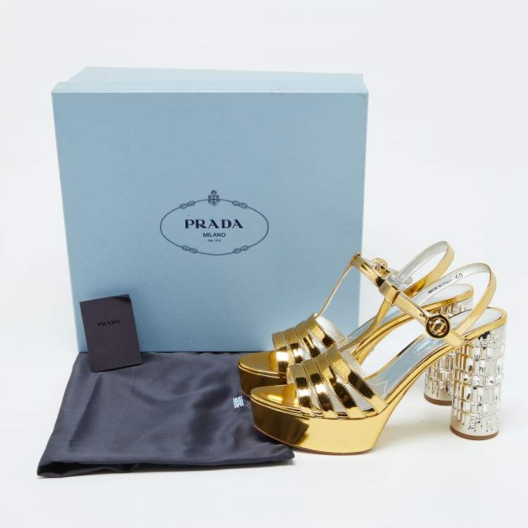 Pre Owned Prada Gold Laminated Leather Platform Block Heel Sandals Size 40