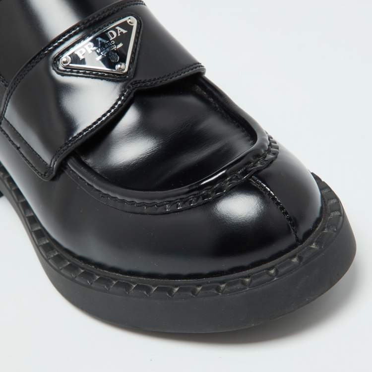 Pre Owned Prada Black Brushed Leather Slip On Loafers Size 39.5