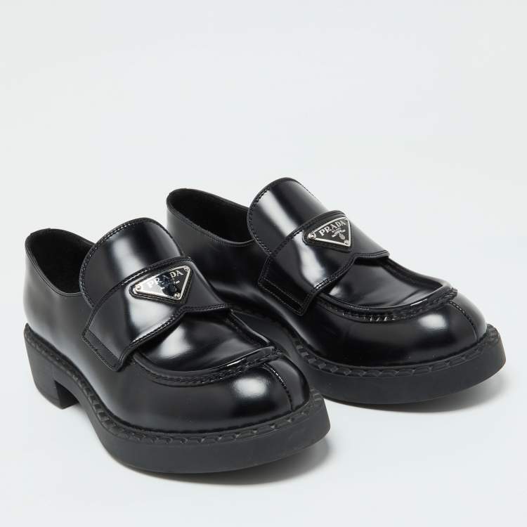 Pre Owned Prada Black Brushed Leather Slip On Loafers Size 39.5