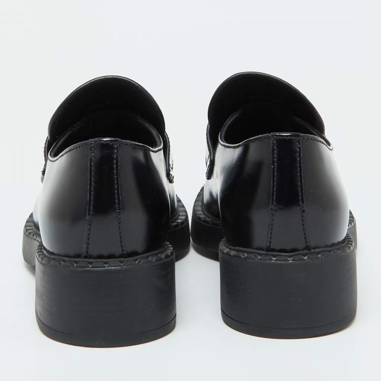 Pre Owned Prada Black Brushed Leather Slip On Loafers Size 39.5