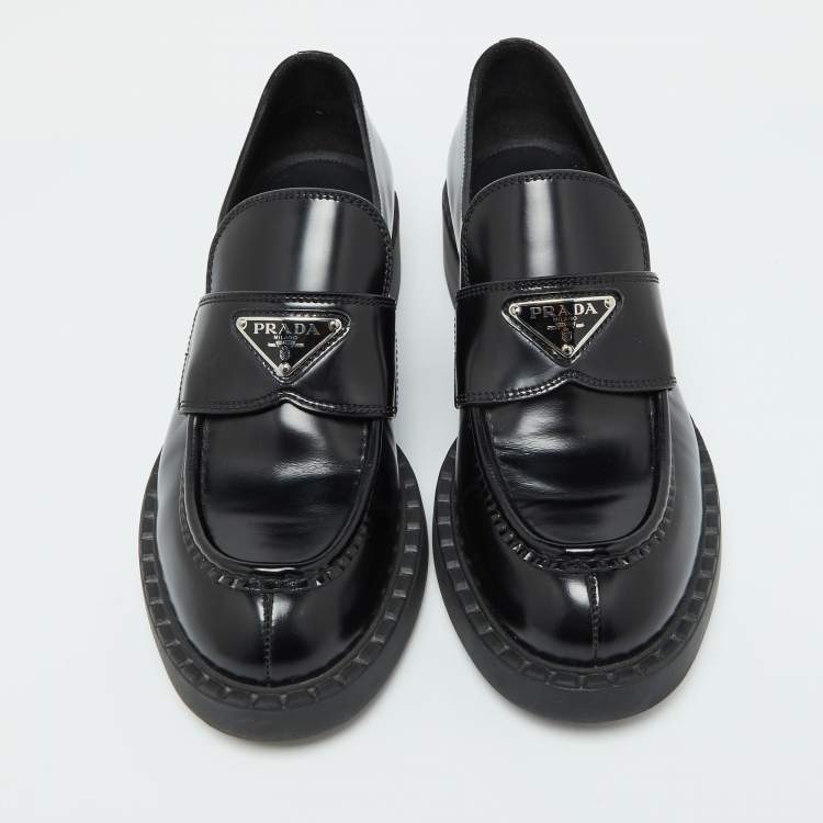 Pre Owned Prada Black Brushed Leather Slip On Loafers Size 39.5