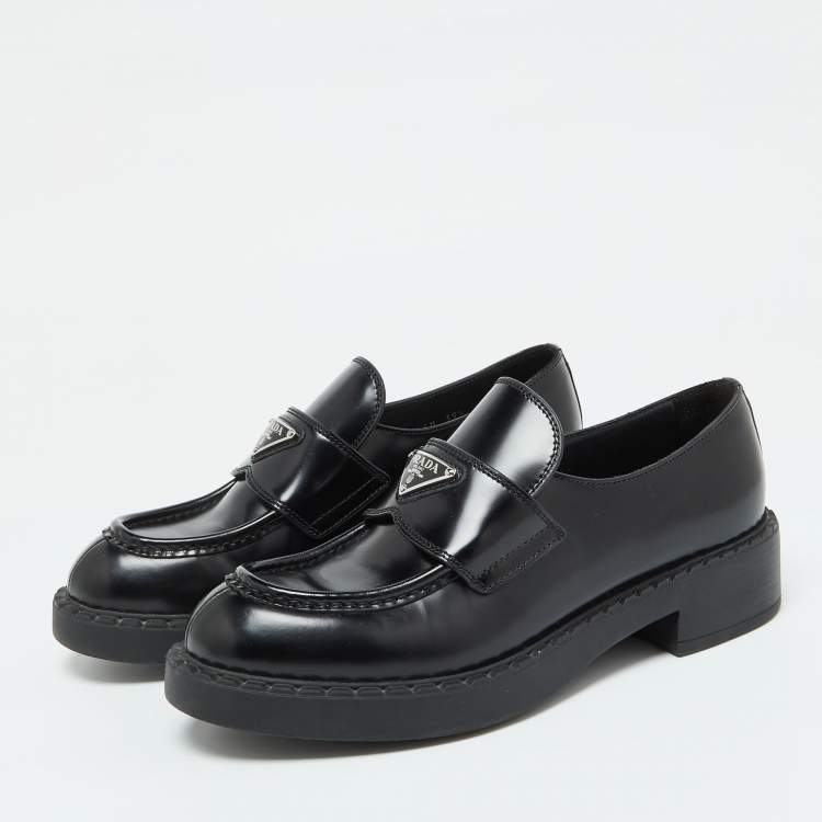 Pre Owned Prada Black Brushed Leather Slip On Loafers Size 39.5