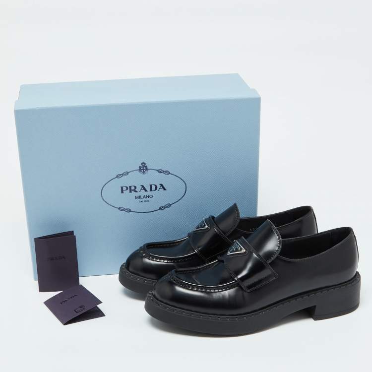 Pre Owned Prada Black Brushed Leather Slip On Loafers Size 39.5