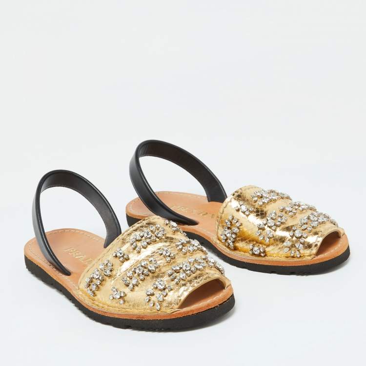 Pre Owned Prada Gold/Black Snake Embossed Leather and Leather Crystal Embellished Slingback Flat Sandals Size 39.5