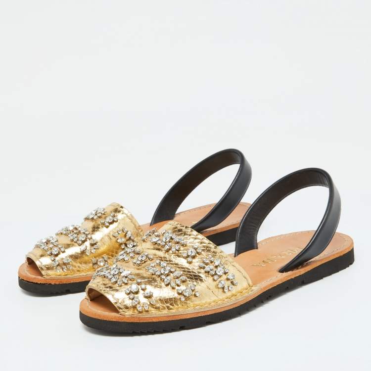 Pre Owned Prada Gold/Black Snake Embossed Leather and Leather Crystal Embellished Slingback Flat Sandals Size 39.5