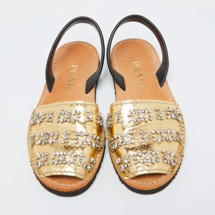 Pre Owned Prada Gold/Black Snake Embossed Leather and Leather Crystal Embellished Slingback Flat Sandals Size 39.5