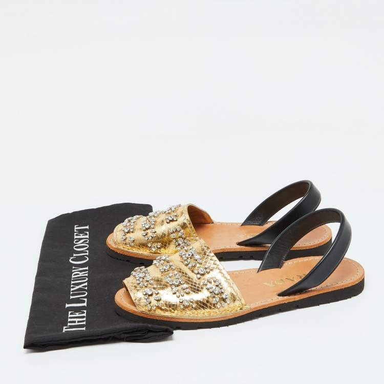 Pre Owned Prada Gold/Black Snake Embossed Leather and Leather Crystal Embellished Slingback Flat Sandals Size 39.5