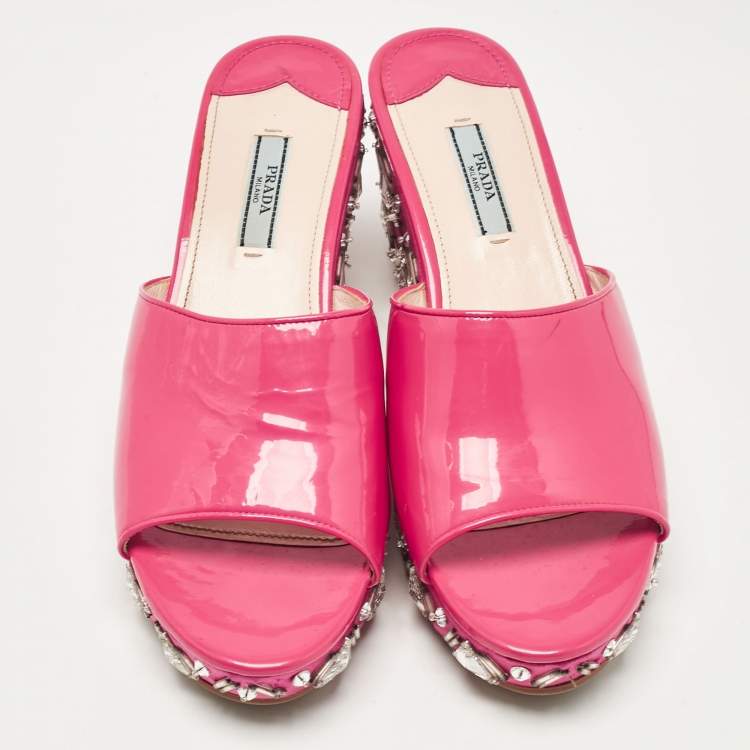 Pre Owned Prada Pink Patent Leather Embellished Wedge Sandals Size 39