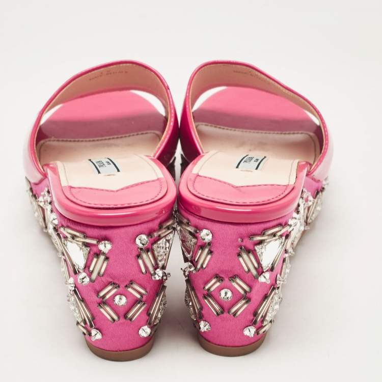 Pre Owned Prada Pink Patent Leather Embellished Wedge Sandals Size 39