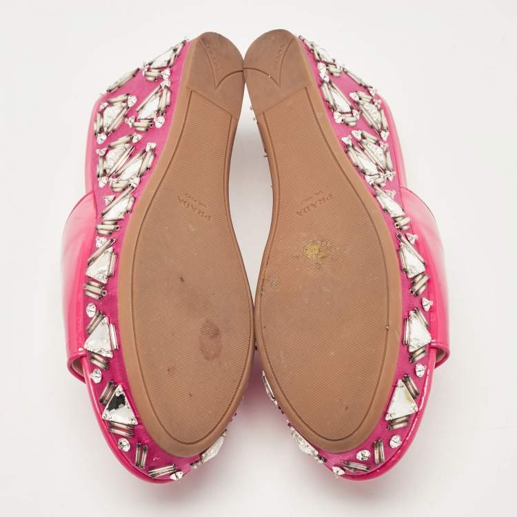Pre Owned Prada Pink Patent Leather Embellished Wedge Sandals Size 39