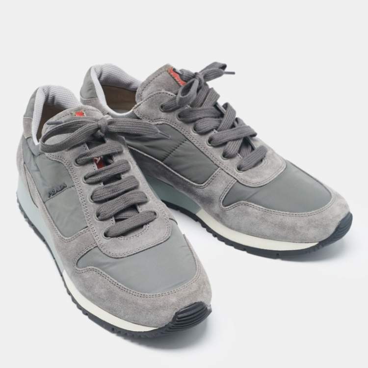 Pre Owned Prada Grey Nylon and Suede Lace Up Sneakers Size 41
