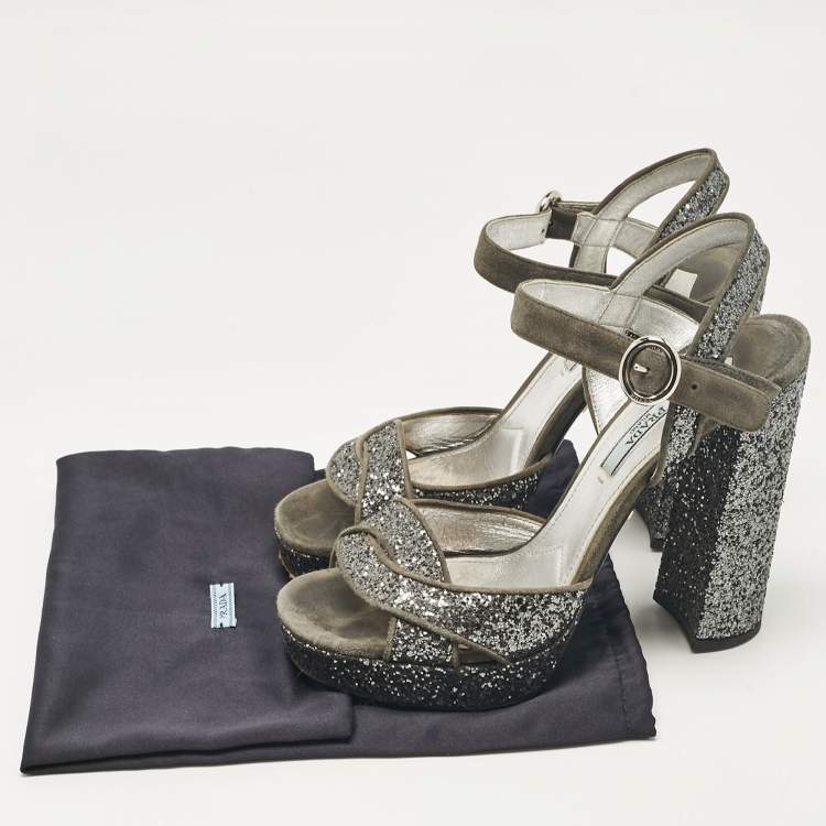Pre Owned Prada Grey Glitter and Suede Platform Ankle Strap Sandals Size 37