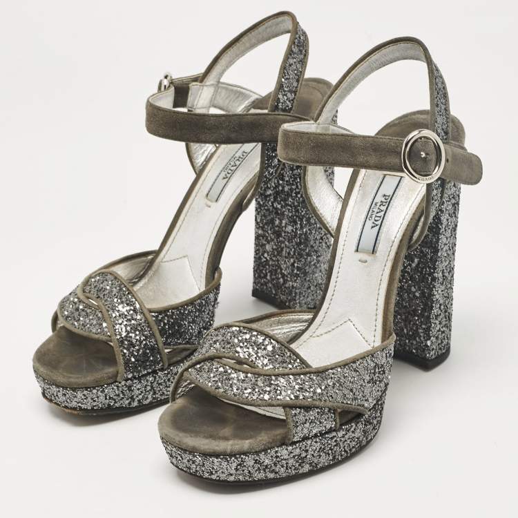 Pre Owned Prada Grey Glitter and Suede Platform Ankle Strap Sandals Size 37
